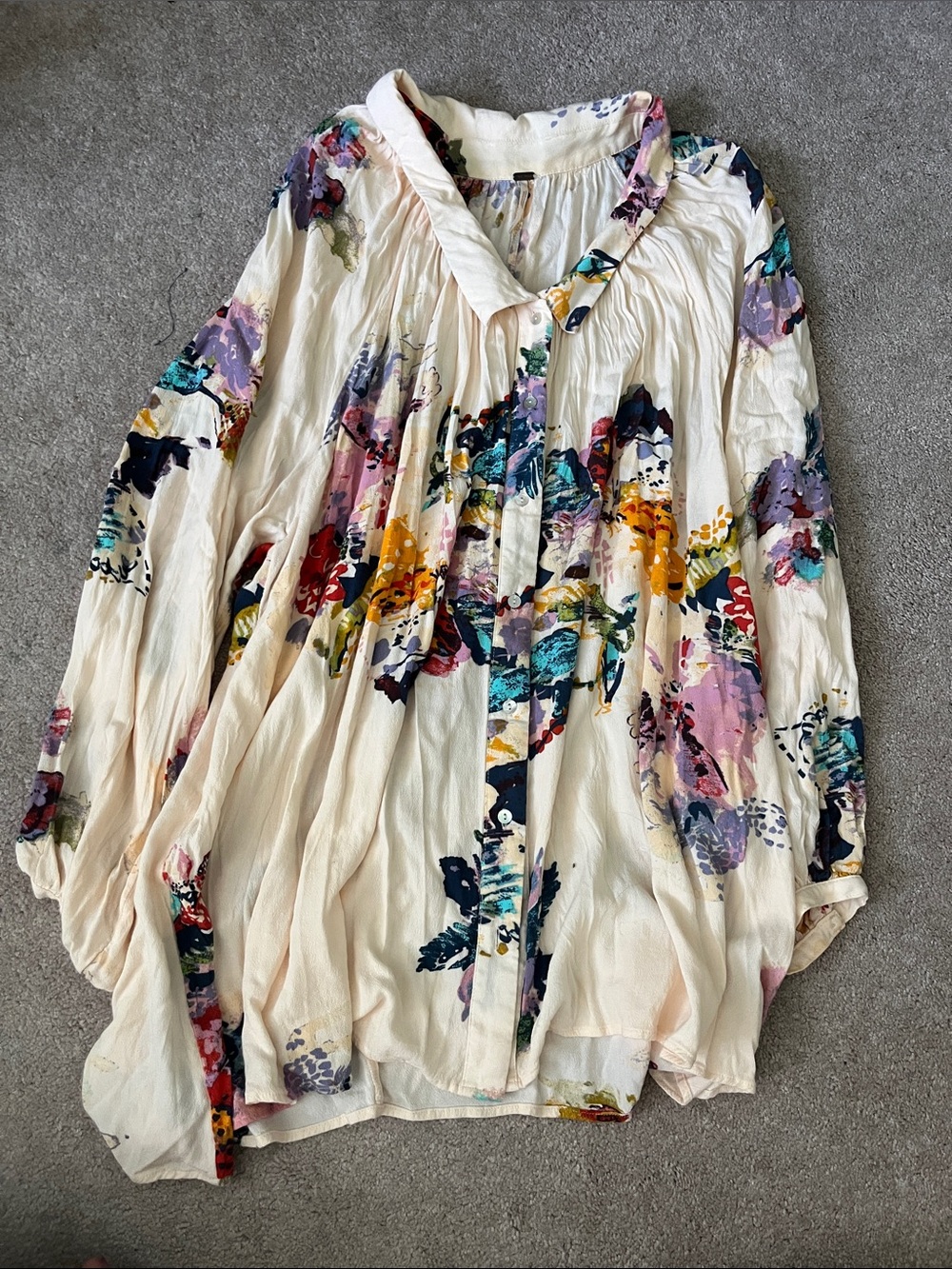 Free People Cream Floral Peasant Blouse with Multicolor Print